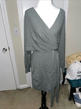 Wrap Knit light weight sweater Dress in Sage Green